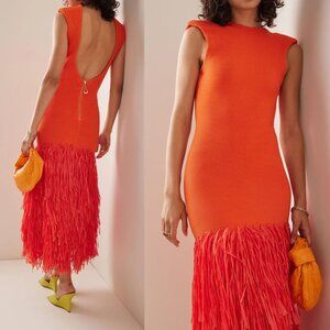 Aje Rushes Raffia Midi Dress Orange Knit Ribbed Fringe NWT Size M